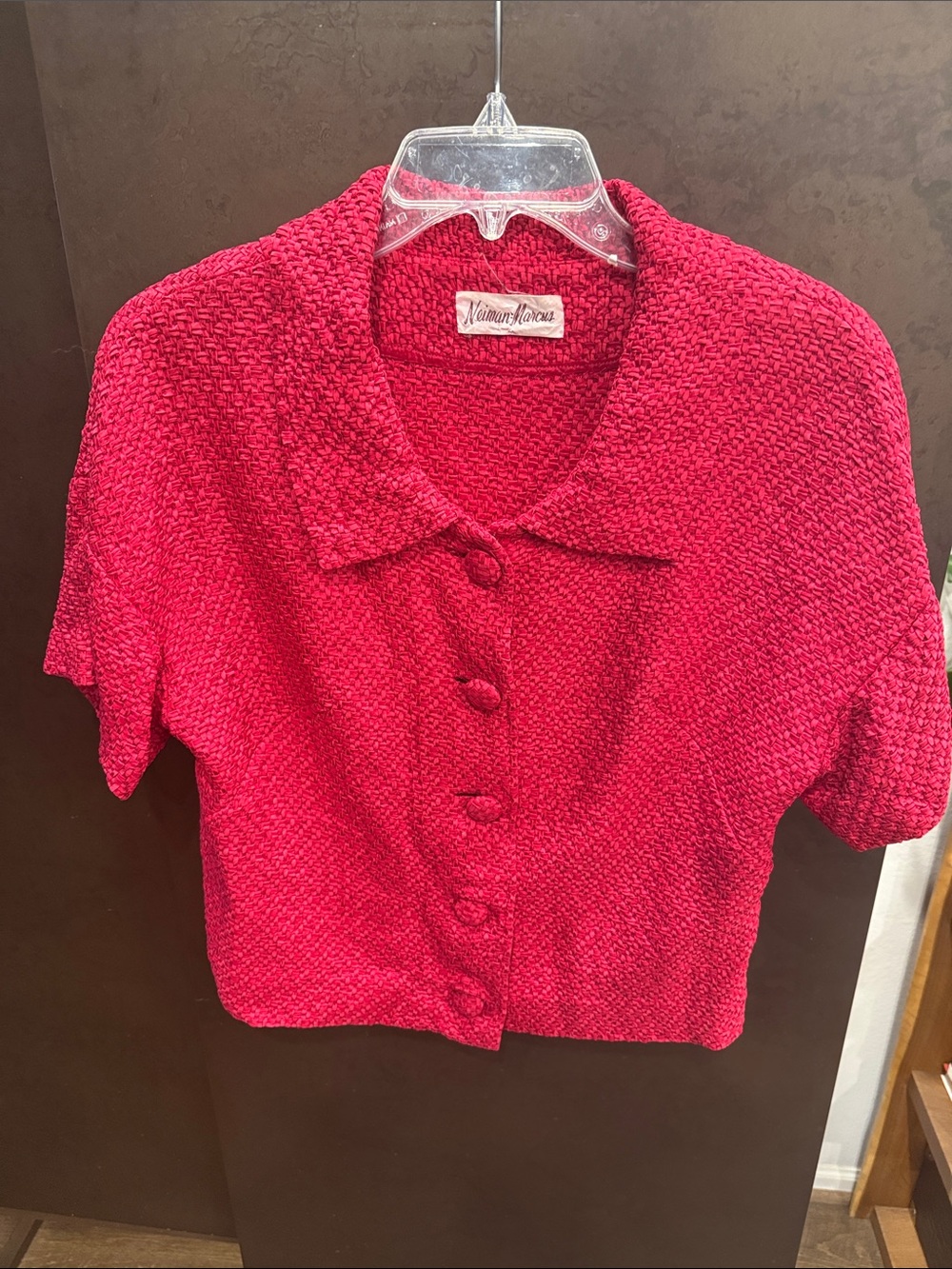Vintage Neiman Marcus Textured Short-Sleeve Button-Down Top in Magenta Pink